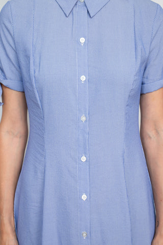 T Tahari Collared Button-down Short Sleeve Ties Stripe Pattern Fit Flare Rayon Dress
