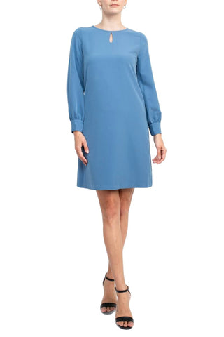 T Tahari Crew Neck Keyhole Front Balloon Long Sleeve A-Line Stretch Crepe Dress
