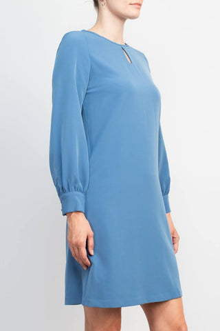 T Tahari Crew Neck Keyhole Front Balloon Long Sleeve A-Line Stretch Crepe Dress