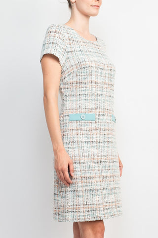 Connected Apparel Scoop Neck Short Sleeve Faux Pockets Shift Knit Dress