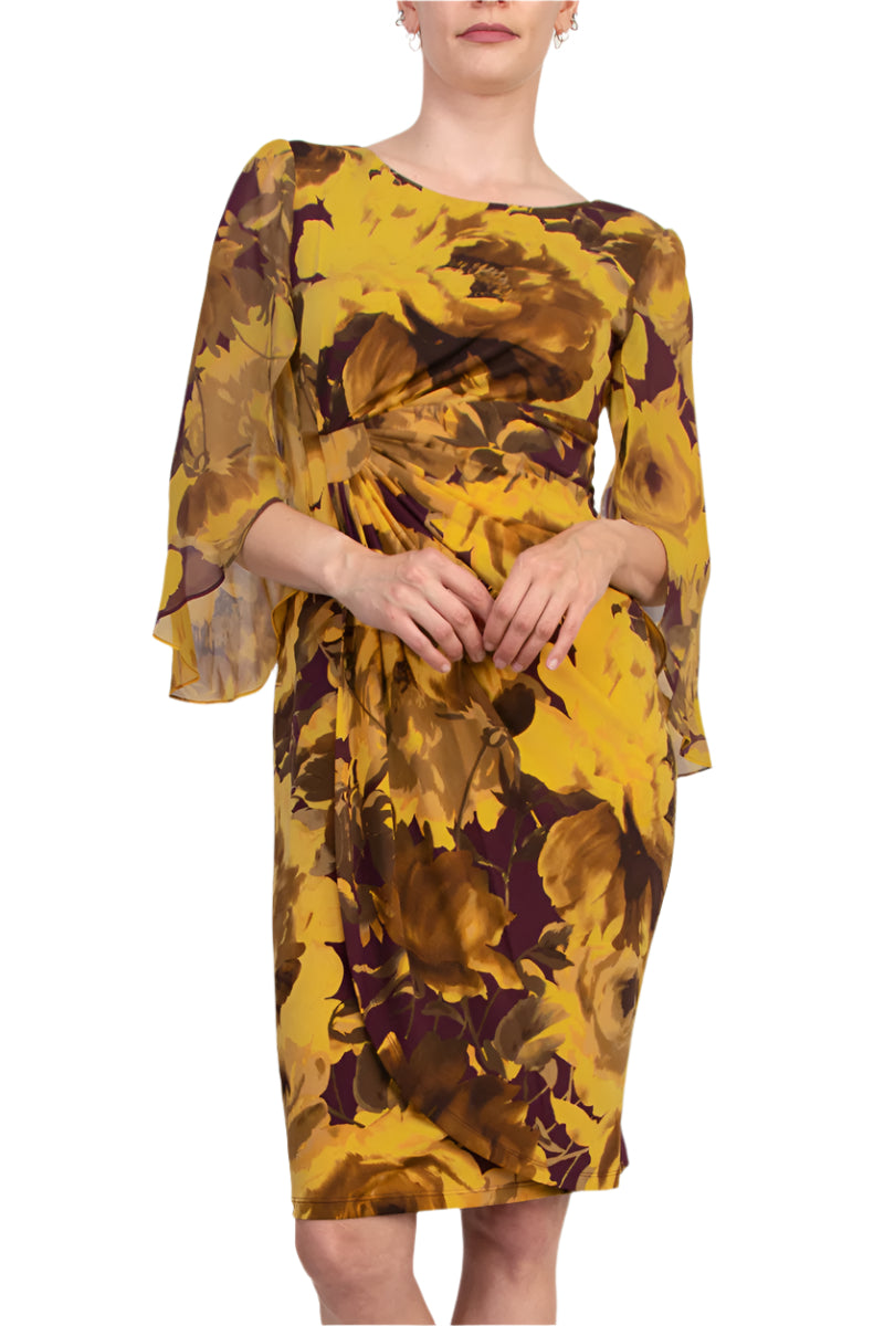 Connected Apparel Earthy Floral Boat Neckline Organza Cuffs Faux Wrap Sheath Dress Connected Apparel Earthy Floral Boat Neckline Organza Cuffs Faux Wrap Sheath Dress