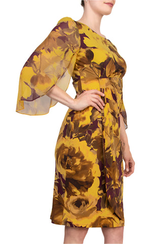Connected Apparel Earthy Floral Boat Neckline Organza Cuffs Faux Wrap Sheath Dress