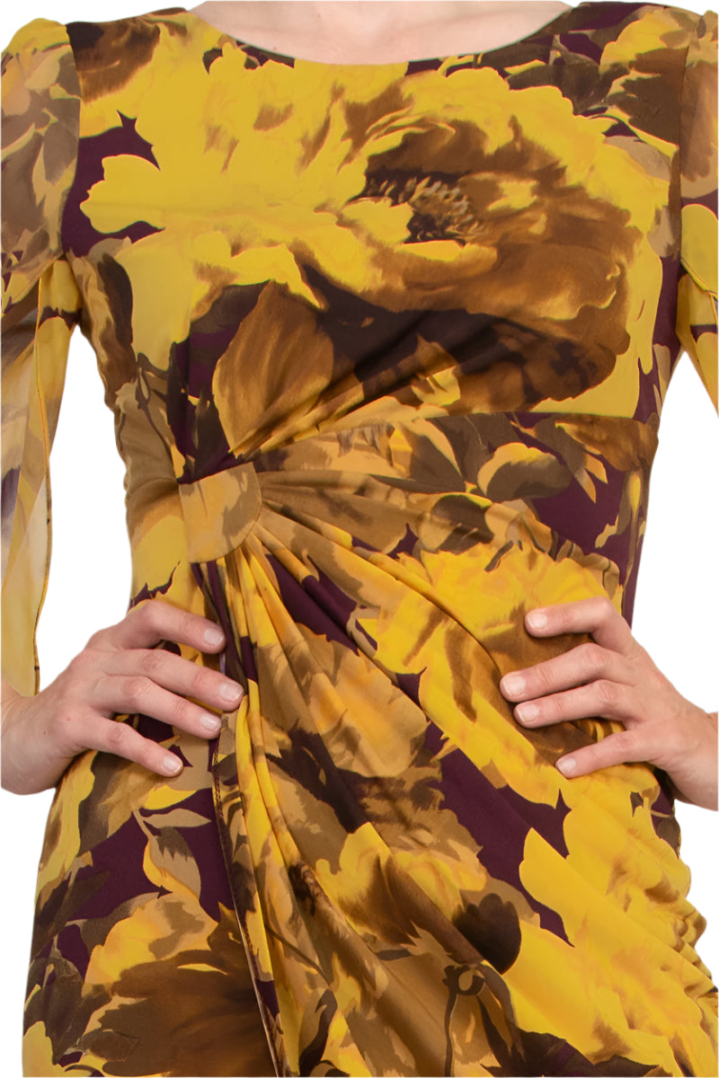 Connected Apparel Earthy Floral Boat Neckline Organza Cuffs Faux Wrap Sheath Dress | Available at Curated Brands in Los Angeles Connected Apparel Earthy Floral Boat Neckline Organza Cuffs Faux Wrap Sheath Dress | Available at Curated Brands in Los Angeles