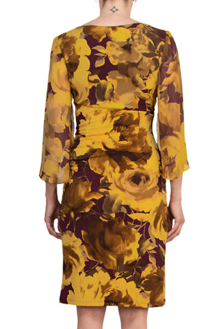 Connected Apparel Earthy Floral Boat Neckline Organza Cuffs Faux Wrap Sheath Dress - BLACK GOLD - Back