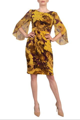 Connected Apparel Earthy Floral Boat Neckline Organza Cuffs Faux Wrap Sheath Dress - BLACK GOLD - Front