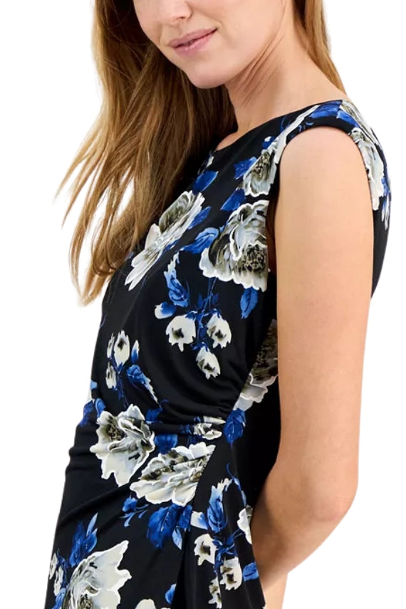 Connected Apparel Floral Print Scoop Neckline Cap Sleeve Side Gathered Sheath Dress | Available at Curated Brands in Los Angeles Connected Apparel Floral Print Scoop Neckline Cap Sleeve Side Gathered Sheath Dress | Available at Curated Brands in Los Angeles