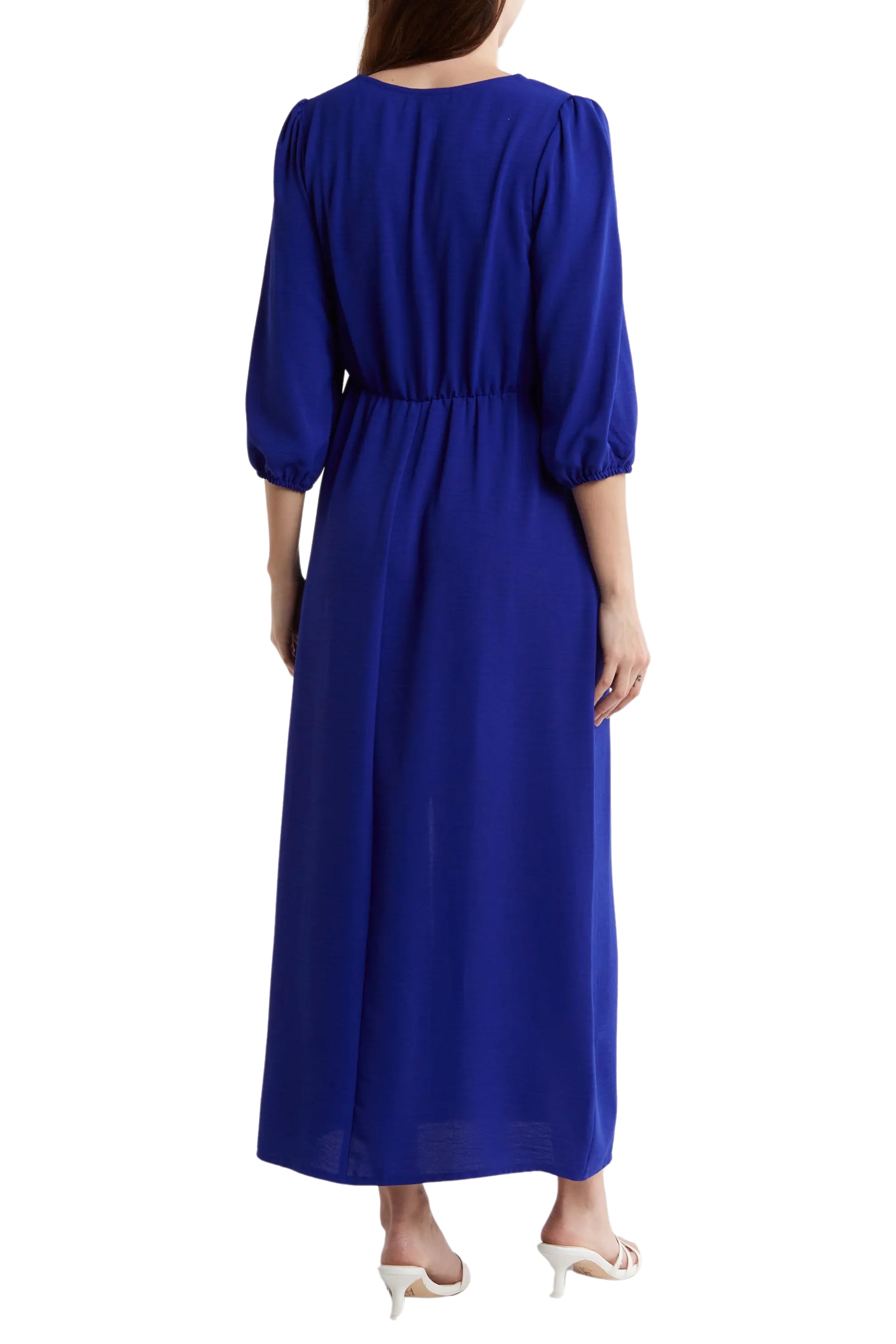 Connected Apparel Deep V-Neckline 3/4 Sleeves Waist Tie Maxi Dress Connected Apparel Deep V-Neckline 3/4 Sleeves Waist Tie Maxi Dress