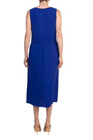 Connected Apparel Natural Seam Waistline Side Pocket Round Neckline Midi Dress - SAPPHIRE - BACK