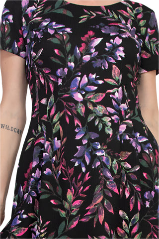 Connected Apparel Rounded Boat Neckline All-Over Floral Print Side Seam Pockets A-Line Dress