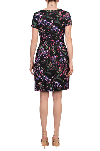 Connected Apparel Rounded Boat Neckline All-Over Floral Print Side Seam Pockets A-Line Dress - CHERRY - back