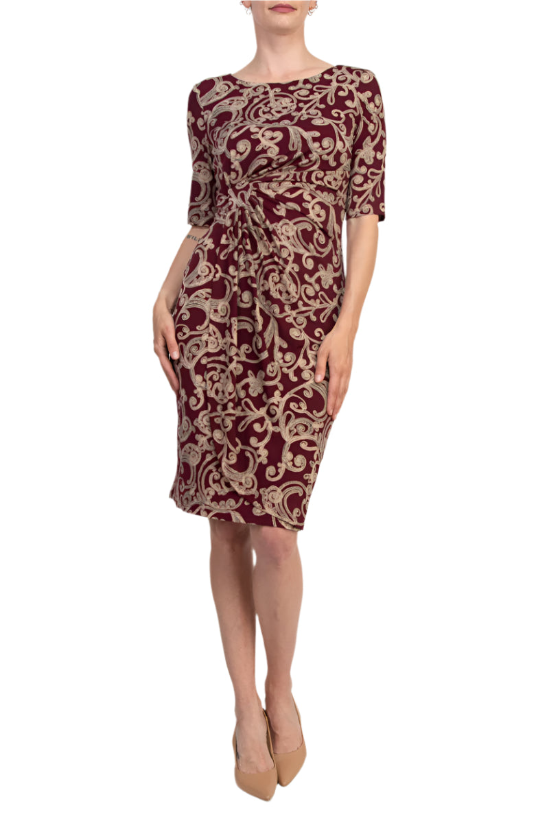 Connected Apparel Lisa Wine Faux Wrap Sheath Silhouette Dress Connected Apparel Lisa Wine Faux Wrap Sheath Silhouette Dress