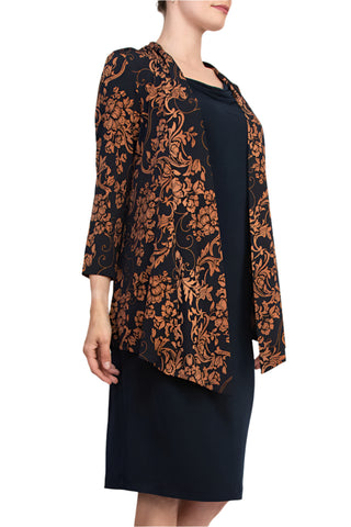 Connected Apparel Cowl Neck Straight Midi Dress with Attached Three-Quarter Sleeves Jacket - MIDNIGHT - side