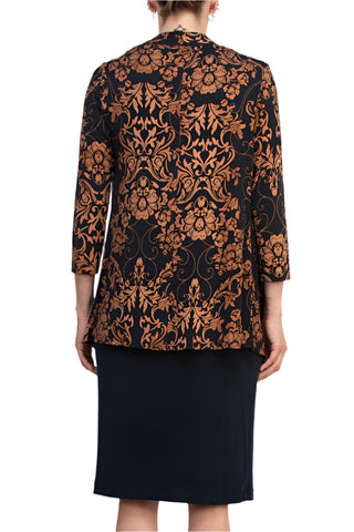 Connected Apparel Cowl Neck Straight Midi Dress with Attached Three-Quarter Sleeves Jacket - MIDNIGHT - Back