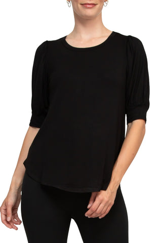Joan Vass NY Scoop Neck Short Shirred Sleeve Solid Shirttail Hem - Black - Front