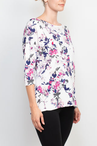 Joan Vass NY Open Crew Neck 3/4 Sleeve Printed Jersey Top with Back Seam Detail