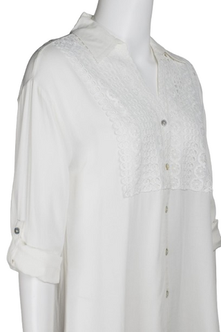 Cupio Collared Button Down 2 Way Sleeve Embellished Hi-Low Hem Viscose Top - Ivory - Side