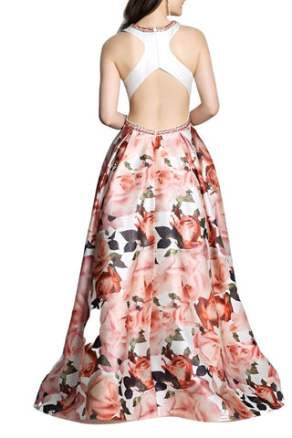 Dave & Johnny Embellished Neck Ruched Sleeveless Cutout Back Pleated Floral Print Twill Dress