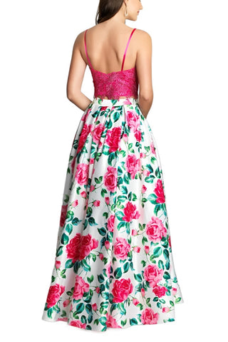 Dave & Johnny Spaghetti Strap Embellished Floral Embroidered Lace Bodice Pleated Floral Print Mikado Dress