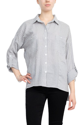 Adyson Parker Collared Button Down 2 Way Sleeve Pockets High Low Hem Polyester Shirt - Black combo - Front 