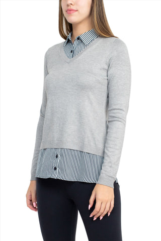 Adrianna Papell V-Neck Long Sleeve Solid Woven Sweater