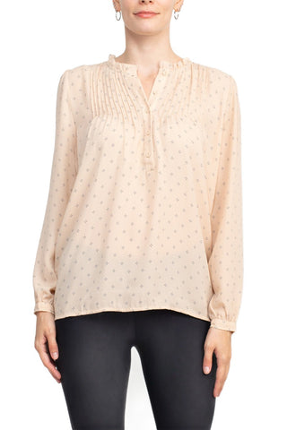 Adrianna Papell Crew Neck Long Sleeves Button Detail Woven Top - Champagne Blush - Front