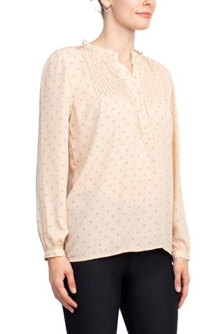 Adrianna Papell Crew Neck Long Sleeves Button Detail Woven Top - Champagne Blush - Side