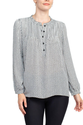 Adrianna Papell Crew Neck Long Sleeves Button Detail Woven Top - Ivory Black - Front