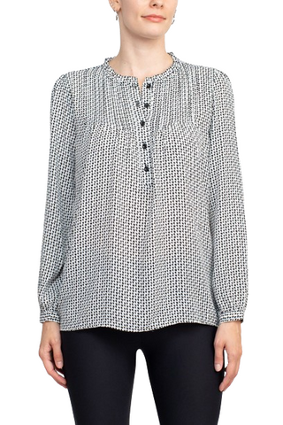 Adrianna Papell Crew Neck Long Sleeves Button Detail Woven Top - Ivory Black - Front