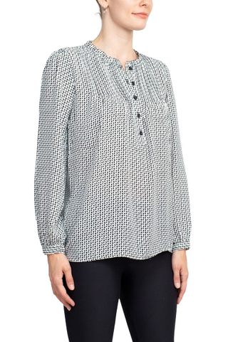 Adrianna Papell Crew Neck Long Sleeves Button Detail Woven Top - Ivory Black - Side