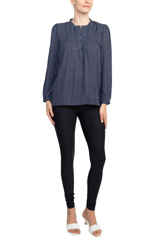 Adrianna Papell Crew Neck Long Sleeves Button Detail Woven Top - Navy Seed Dot - Front