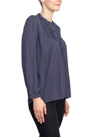 Adrianna Papell Crew Neck Long Sleeves Button Detail Woven Top - Navy Seed Dot - Side