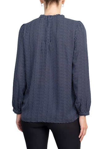 Adrianna Papell Crew Neck Long Sleeves Button Detail Woven Top - Navy Seed Dot - Back