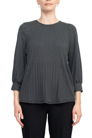 Adrianna Papell Crew Neck 3/4 Sleeves Crepe Top - Black Ivory - Front