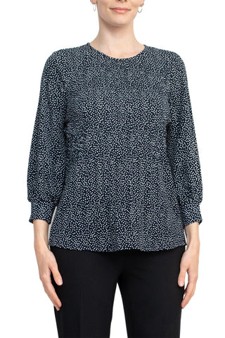 Adrianna Papell Crew Neck 3/4 Sleeves Crepe Top - Navy Ivory - Front