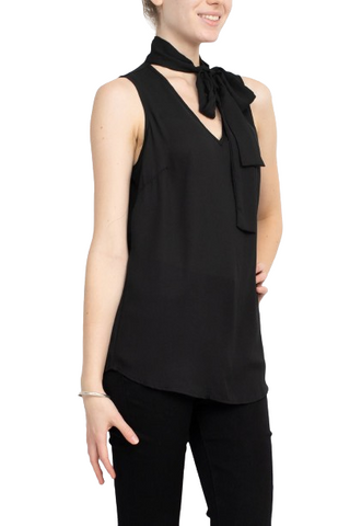 Adrianna Papell Tie Neck Sleeveless Solid Woven Poly Wash Crepe Top - Black - Side