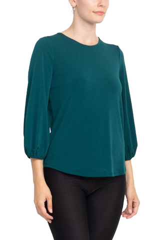 Adrianna Papell Boat Neck Back Button 3/4 Sleeves with Elastic Cuff Crepe Top - DARK EVERGREEN - Side