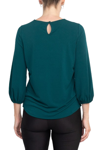 Adrianna Papell Boat Neck Back Button 3/4 Sleeves with Elastic Cuff Crepe Top - DARK EVERGREEN - Back