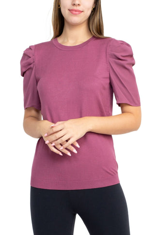 Adrianna Papell Crew Neck Short Sleeve Ruffled Shoulder Solid Knit Top - MULBERRY - Front 