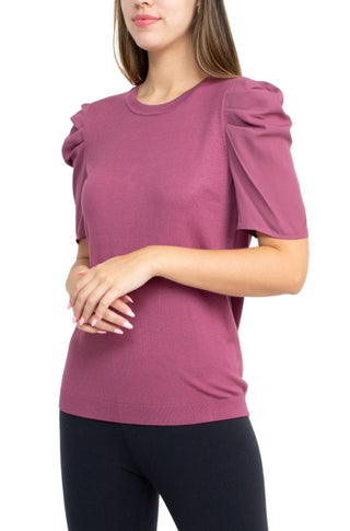 Adrianna Papell Crew Neck Short Sleeve Ruffled Shoulder Solid Knit Top - MULBERRY - Side