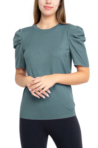 Adrianna Papell Crew Neck Short Sleeve Ruffled Shoulder Solid Knit Top - TROPOSPHERE - Front 