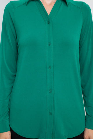Adrianna Papell collared long sleeve button front solid knit moss crepe shirt