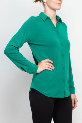 Adrianna Papell collared long sleeve button front solid knit moss crepe shirt