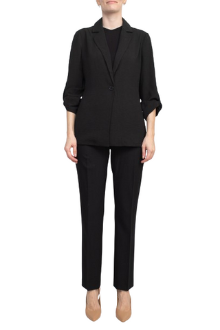 Adrianna Papell Sport Collar Neck One Button 3/4 Sleeve Woven Blazer - Black - Front