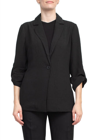Adrianna Papell Sport Collar Neck One Button 3/4 Sleeve Woven Blazer - Black - Front