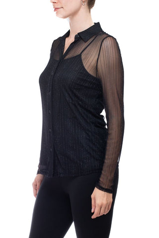 Adrianna Papell collared long sleeve button down lurex mesh knit with cami