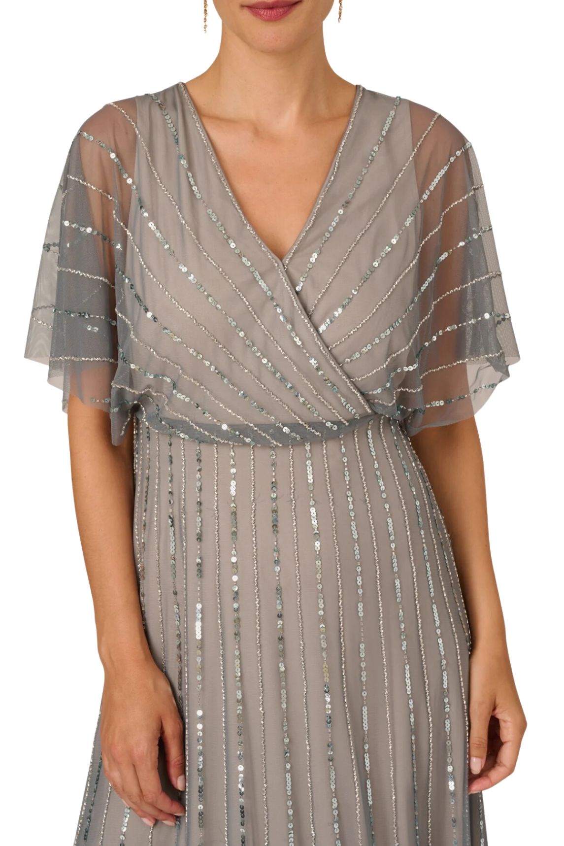 Adrianna Papell Flutter Sleeve V-Neck Surplice Blouson Beaded Gowns | Available at Curated Brands in Los Angeles Adrianna Papell Flutter Sleeve V-Neck Surplice Blouson Beaded Gowns | Available at Curated Brands in Los Angeles