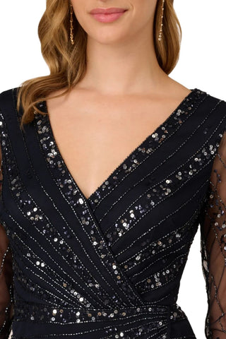 Adrianna Papell Long Sleeve Sequin Mini Dress - Midnight_Front Neck View