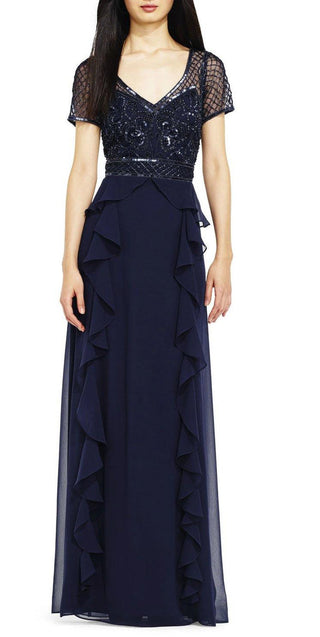 Adrianna Papell V-Neck Short Sleeve Zipper Back Embellished Mesh Bodice Ruffled Chiffon Gown