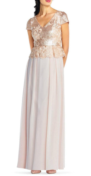 Adrianna Papell V-Neck Short Sleeve Zipper Back Pleated Sequin Chiffon Gown