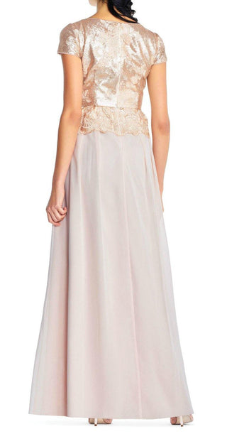 Adrianna Papell V-Neck Short Sleeve Zipper Back Pleated Sequin Chiffon Gown